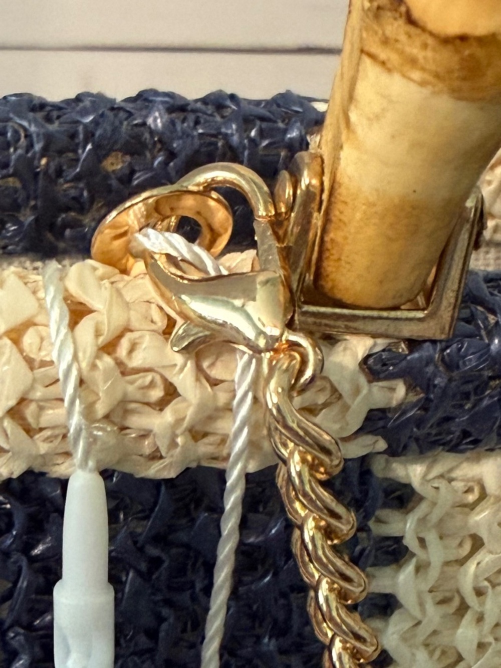 NWT Tommy Bahama Navy Ivory Woven Bamboo Top Handle or Crossbody Bag - Picture 6 of 6
